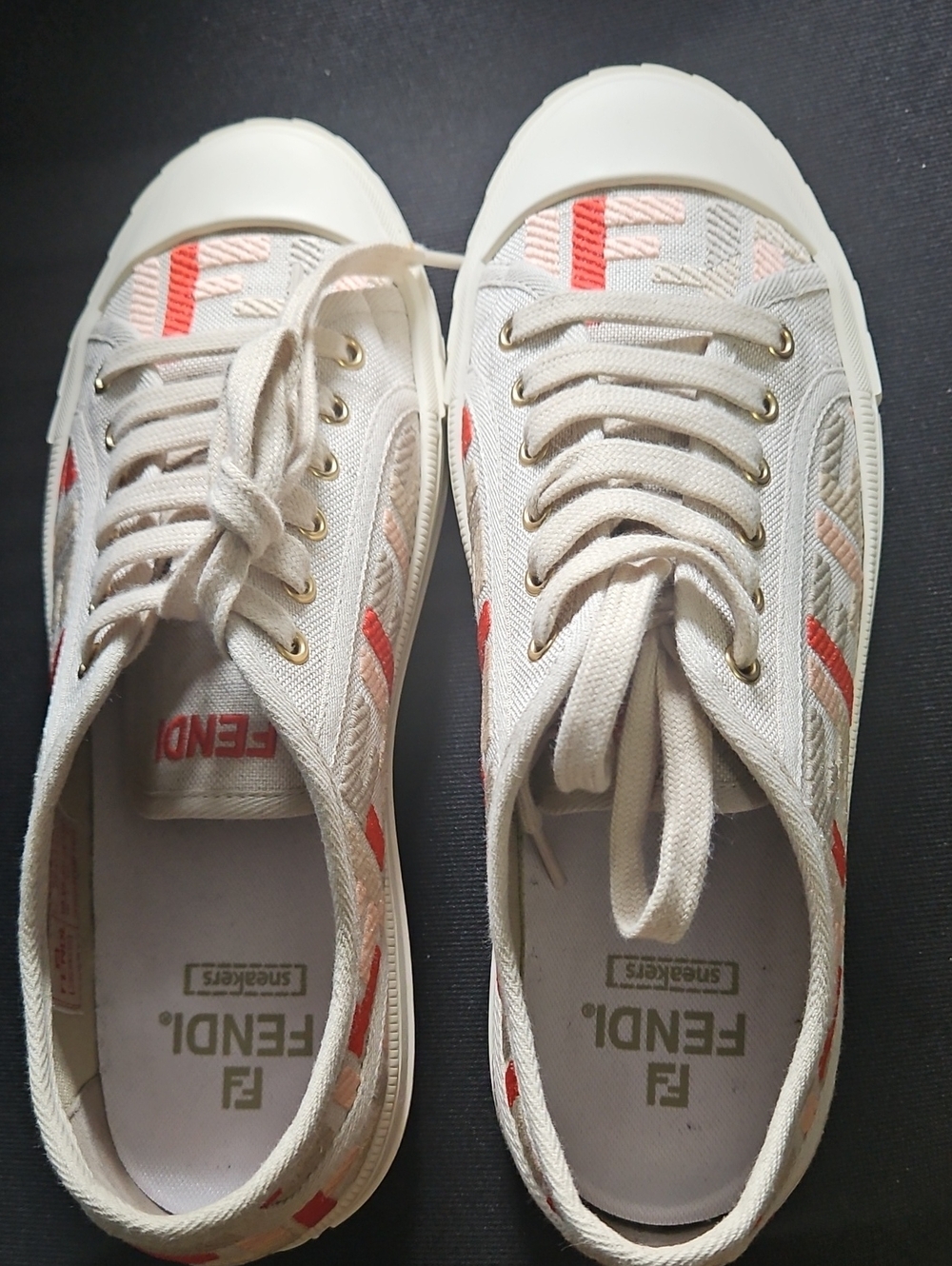Fendi Cream Canvas Low-Top Sneakers with Coral and Pink Logo Details